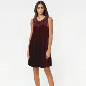 Burgundy Velvet Fit N Flare WhimsyGoth with Pattwrn Mesh Neckline Size XS